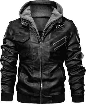 Men Faux Leather Jacket Casual Stand Collar PU Faux Leather Vintage Motorcycle Bomber Jackets Winter Hooded Biker Coat