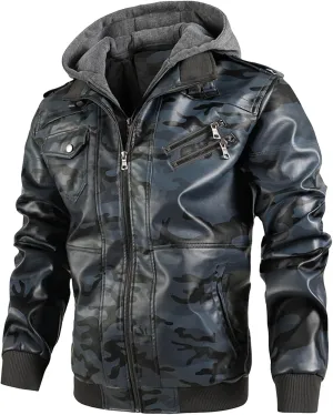 Men Faux Leather Jacket Casual Stand Collar PU Faux Leather Vintage Motorcycle Bomber Jackets Winter Hooded Biker Coat