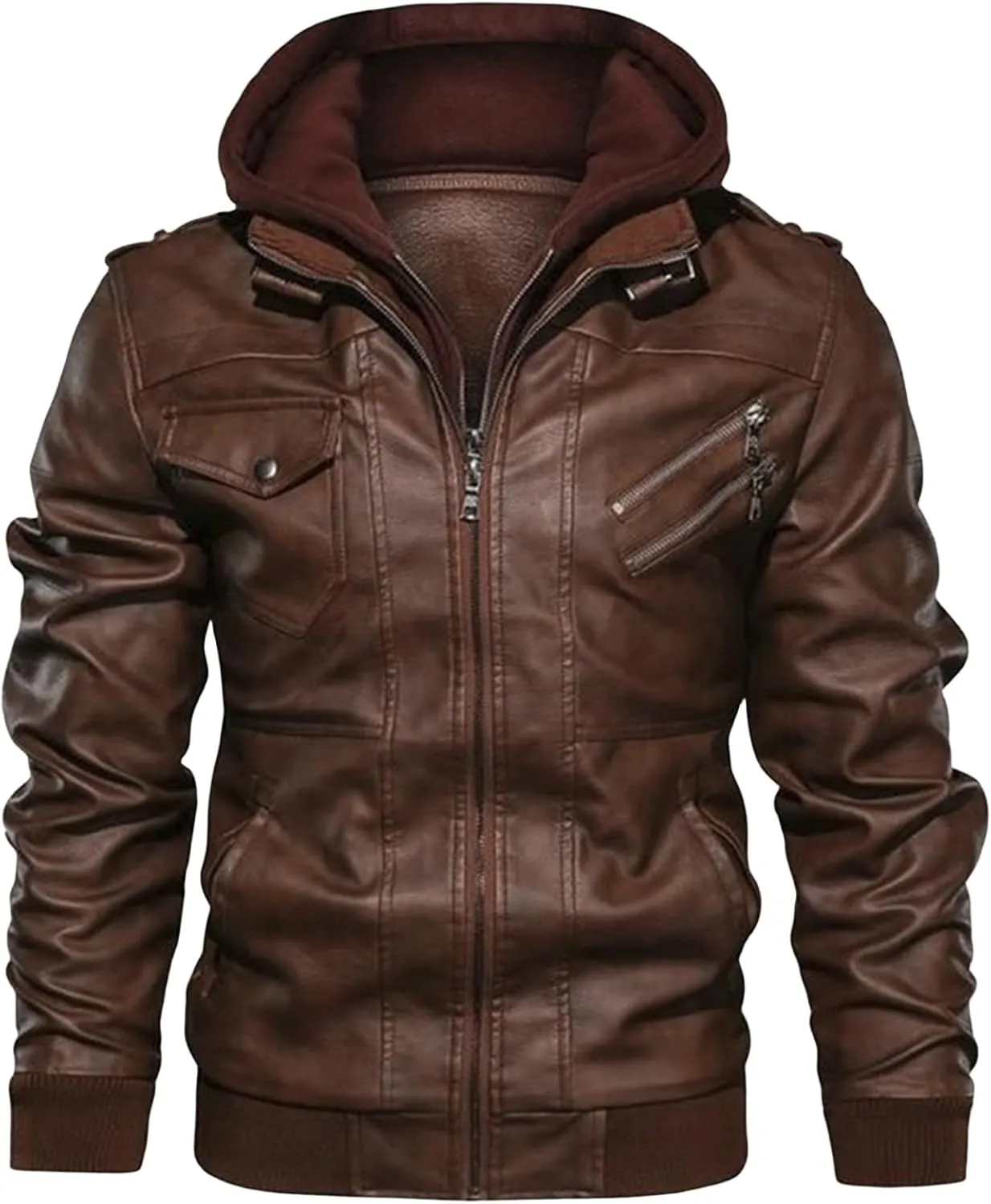 Men Faux Leather Jacket Casual Stand Collar PU Faux Leather Vintage Motorcycle Bomber Jackets Winter Hooded Biker Coat