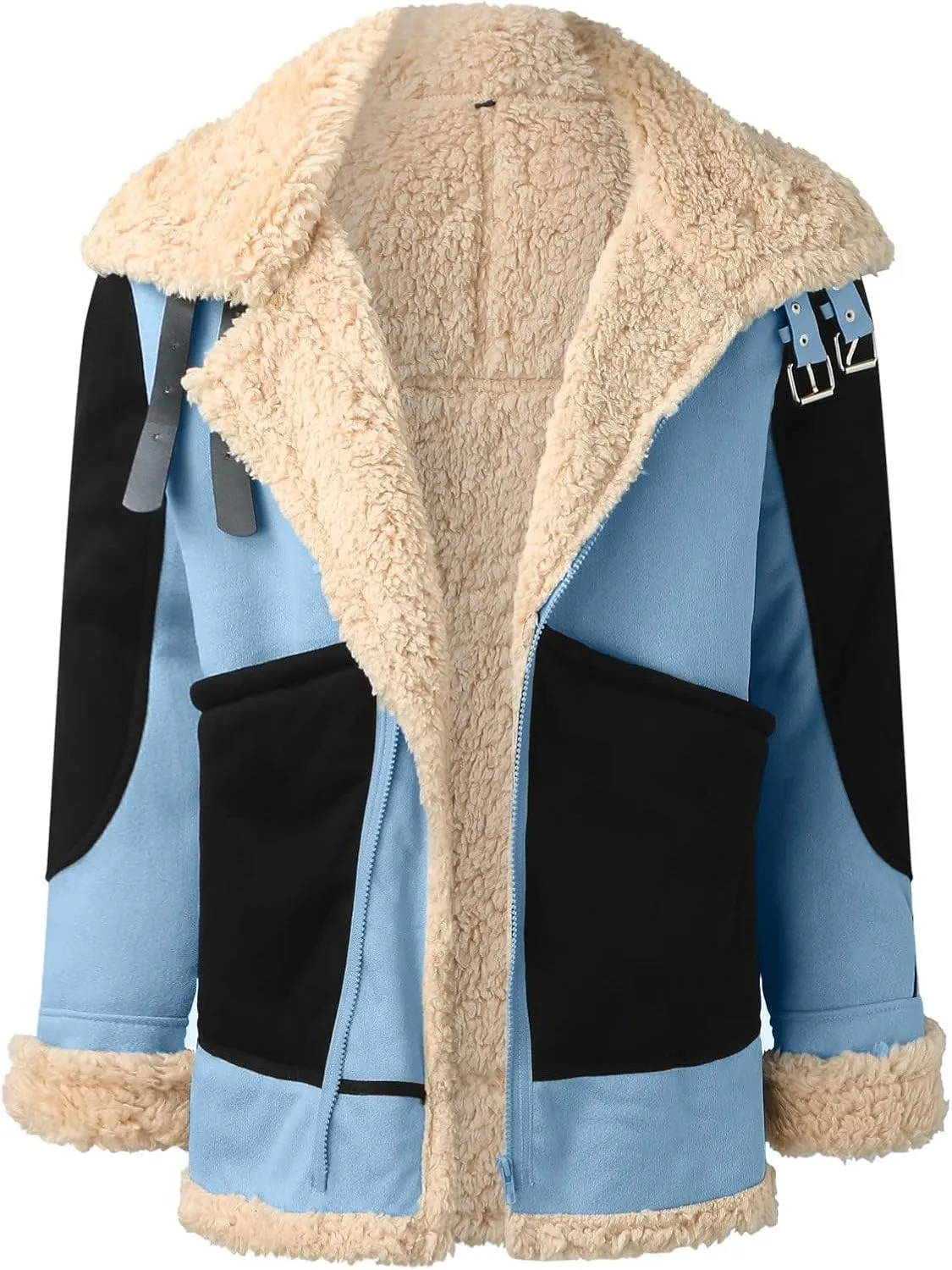Men Faux Suede Sherpa Fleece Lined Jackets Color Block Fur Collar Long Trench Coat Winter Heavyweight Jackets