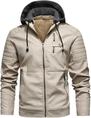 Men Hooded Leather Jackets Vintage Slim Fit Motorcycle PU Leather Coats Men Fleece Warm Leather Coats