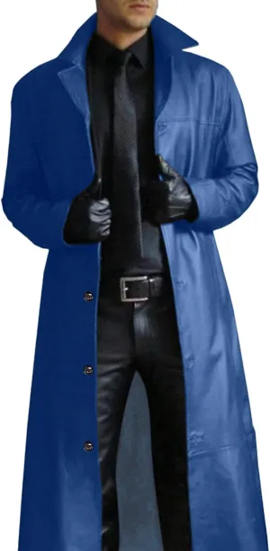 Men Pu Leather Trench Coat Classic Faux Leather Long Jacket Long Sleeve Open Front Cardigan Steampunk Gothic Overcoat