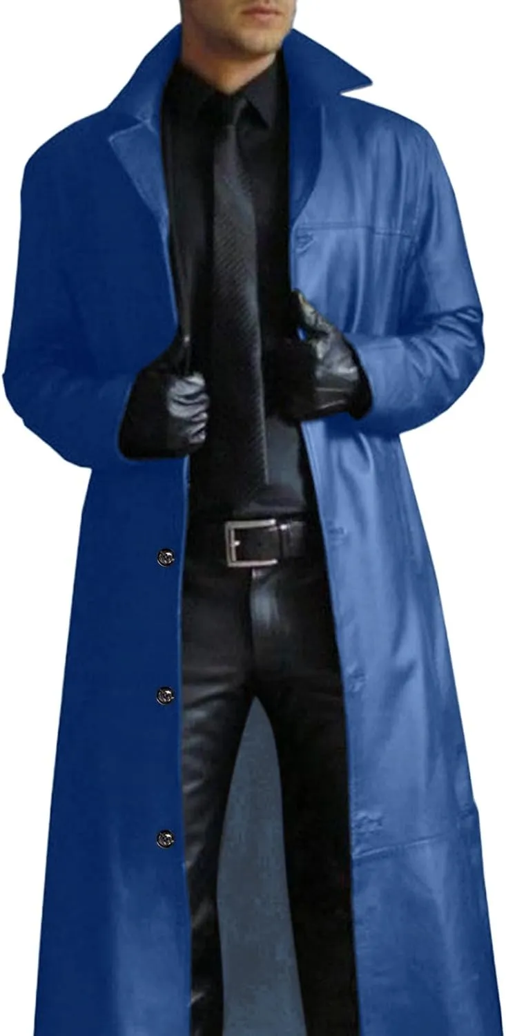 Men Pu Leather Trench Coat Classic Faux Leather Long Jacket Long Sleeve Open Front Cardigan Steampunk Gothic Overcoat