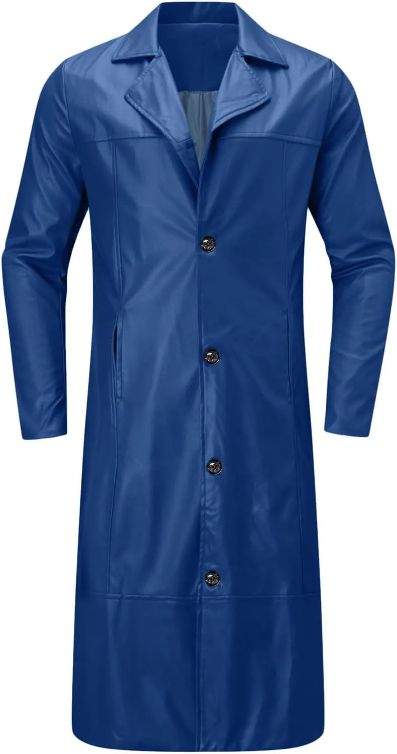 Men Pu Leather Trench Coat Classic Faux Leather Long Jacket Long Sleeve Open Front Cardigan Steampunk Gothic Overcoat