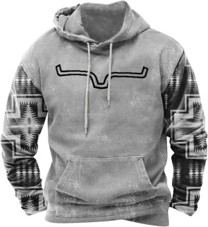 Mens Aztec Hoodie Western Hooded Sweatshirt Casual Vintage Long Sleeve Drawstring Cowboy Pullover with Pocket