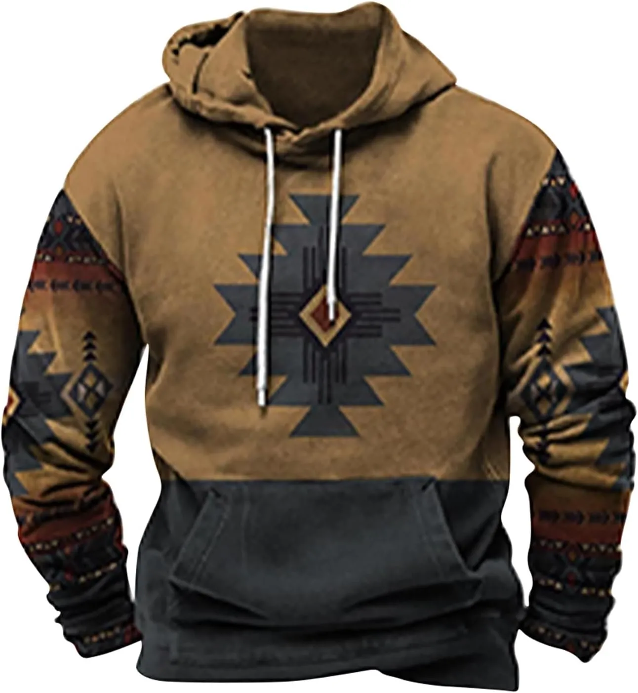 Men's Aztec Hoodies Tribal Ethnic Print Sweatshirts Vintage Western Loose Long Sleeve Pullovers Pocket Hooded Tops