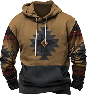 Men's Aztec Hoodies Tribal Ethnic Print Sweatshirts Vintage Western Loose Long Sleeve Pullovers Pocket Hooded Tops