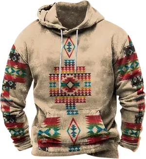 Men's Aztec Hoodies Tribal Ethnic Print Sweatshirts Vintage Western Loose Long Sleeve Pullovers Pocket Hooded Tops