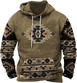 Men's Aztec Hoodies Tribal Ethnic Print Sweatshirts Vintage Western Loose Long Sleeve Pullovers Pocket Hooded Tops
