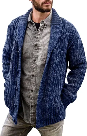 Mens Cable Knit Cardigan Sweater Shawl Collar Knit Blazer Jackets Button Down Fall Winter Faux Wool Chunky Sweaters