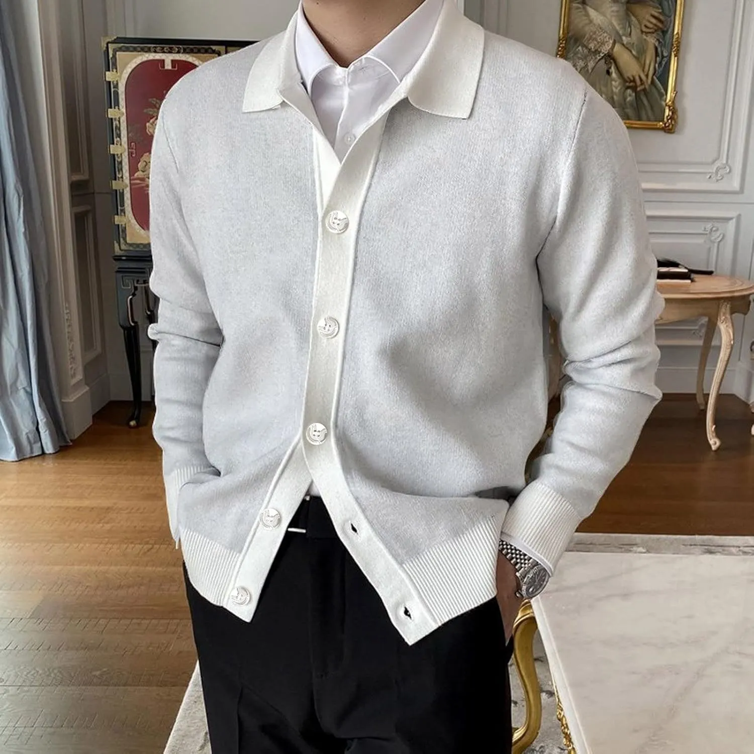 Mens Cable Knit Cardigan Sweater Shawl Collar Loose Fit Long Sleeve Casual Button Down Solid Color Cardigans Pockets