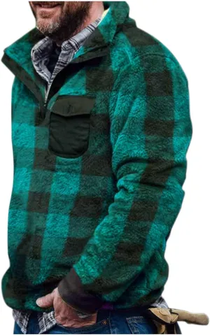 Mens Camo Tactical Sherpa Fleece Hooded Jackets Quarter Zip Long Sleeve Winter Warm Flannel Fleece Military Coats