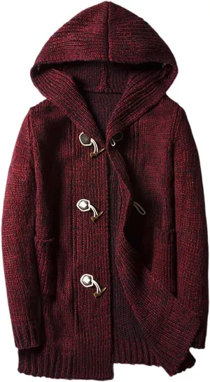Men's Cardigan Sweater Long Sleeve Button Down Pullover Solid Color Ribbed Hooded Knitted Casual Loose with Pockets