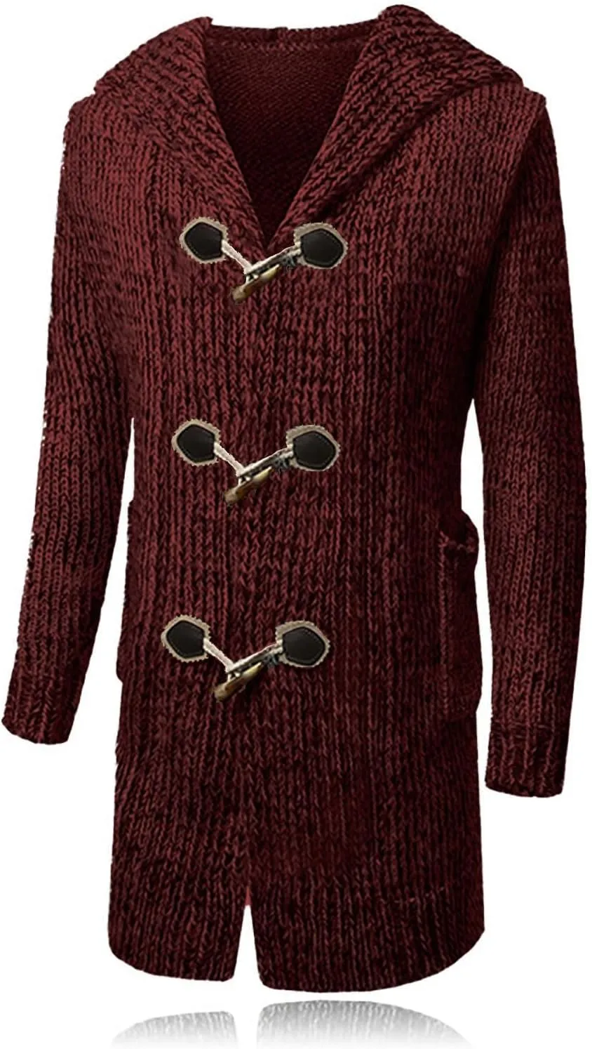 Men's Cardigan Sweater Long Sleeve Button Down Pullover Solid Color Ribbed Hooded Knitted Casual Loose with Pockets