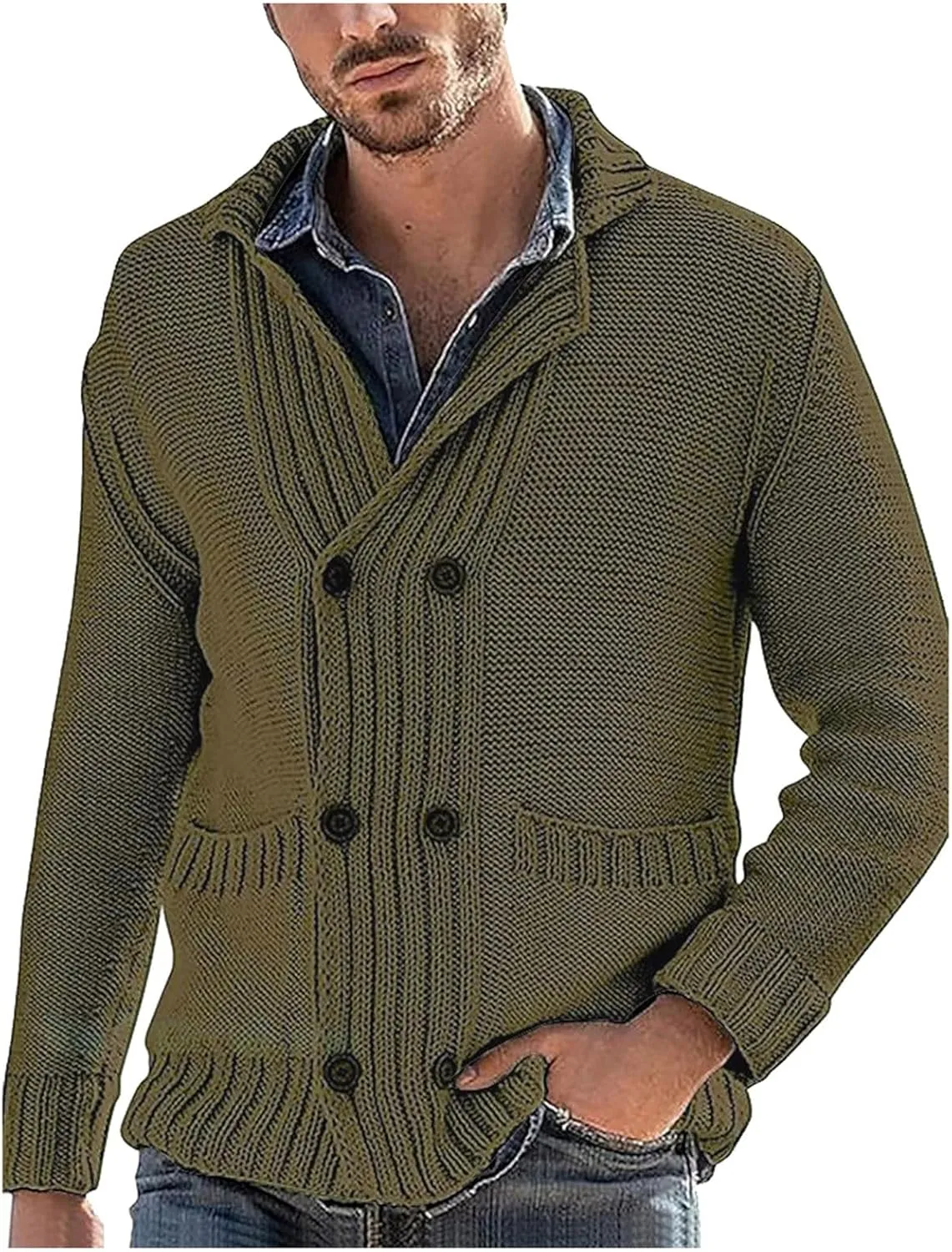Men's Cardigan Sweater Long Sleeve Casual V Neck Button Double Breasted Knitted Sweater with Pockets