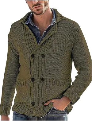Men's Cardigan Sweater Long Sleeve Casual V Neck Button Double Breasted Knitted Sweater with Pockets