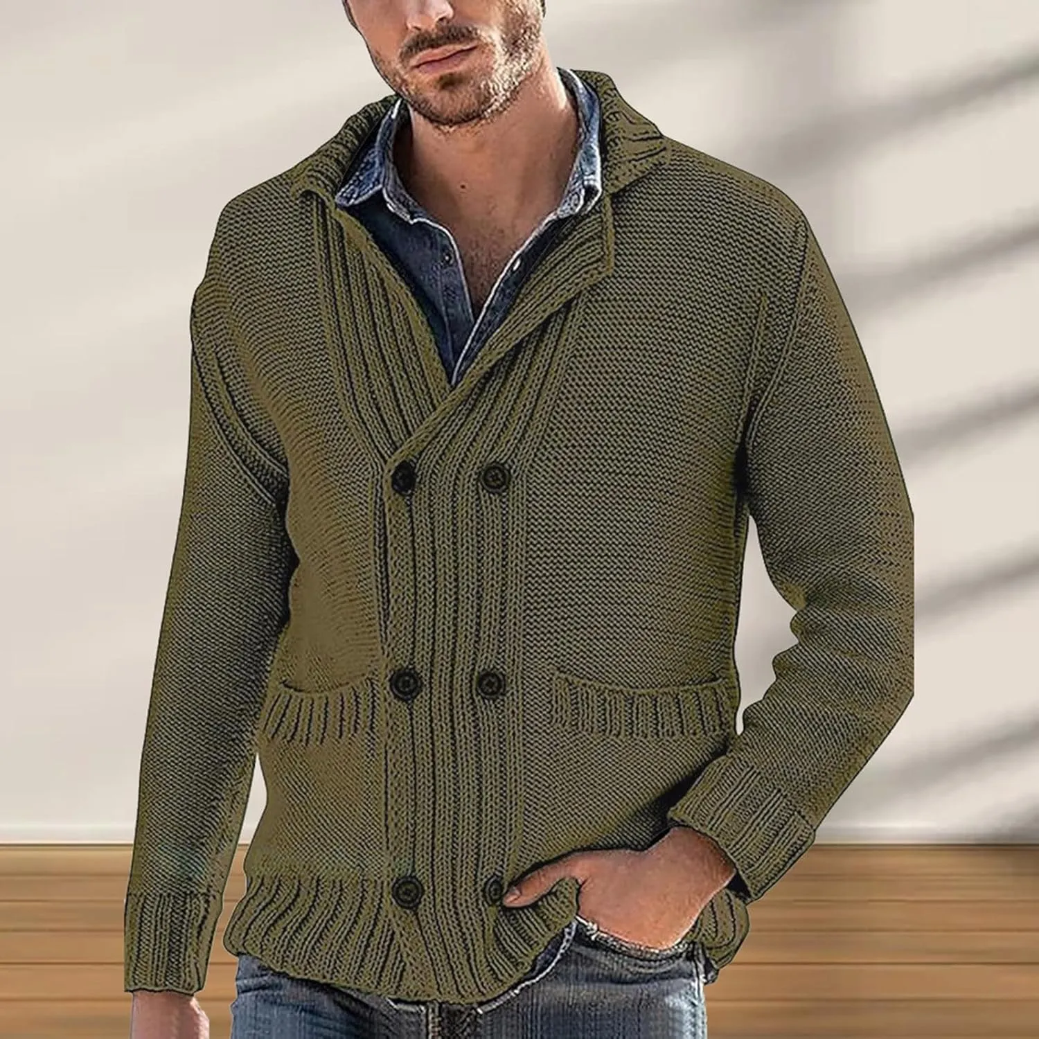 Men's Cardigan Sweater Long Sleeve Casual V Neck Button Double Breasted Knitted Sweater with Pockets