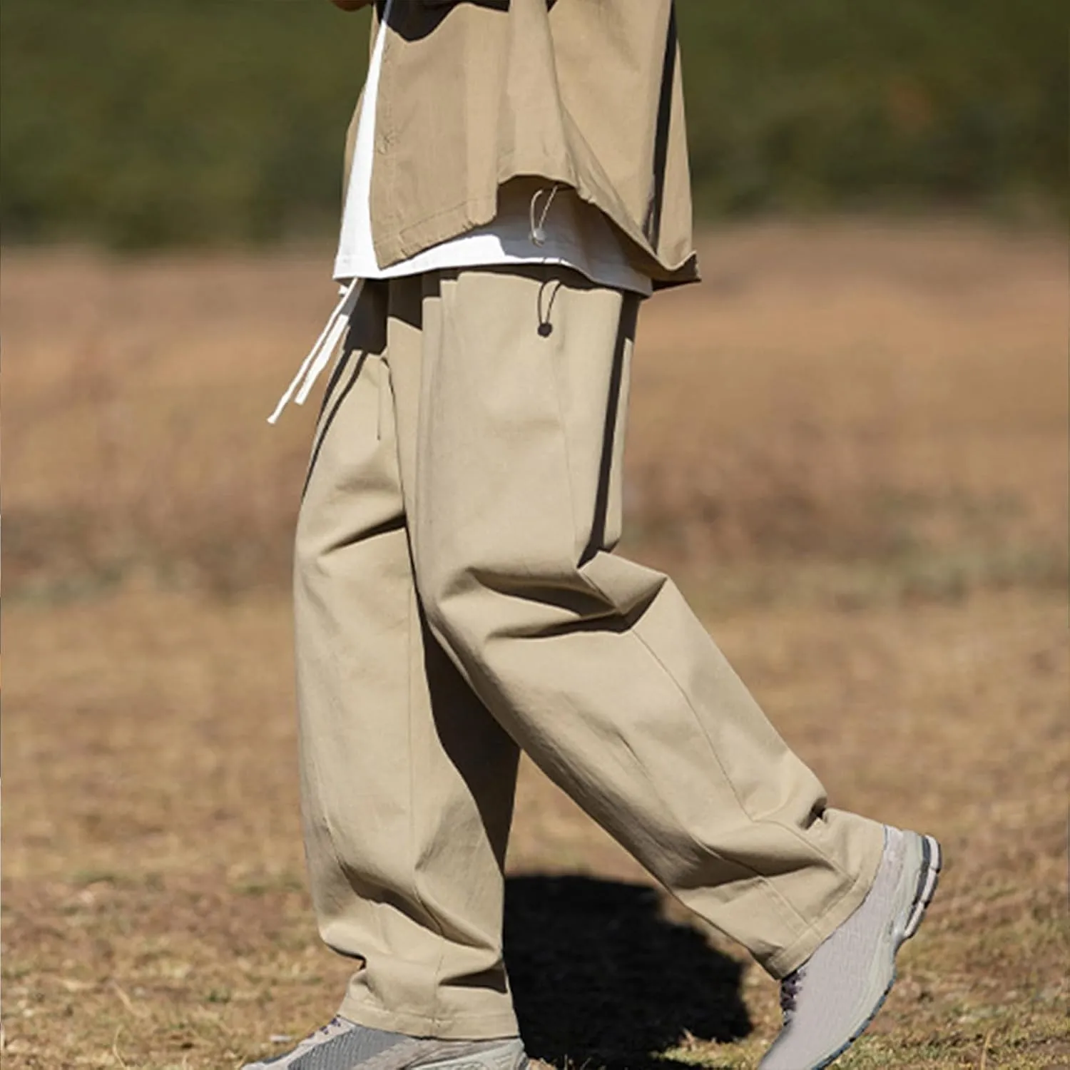 Men's Casual Cotton Pants Relaxed Fit Elastic Waist Drawstring Chino Pants Loose Fit Wide Leg Straight Trousers with Pockets