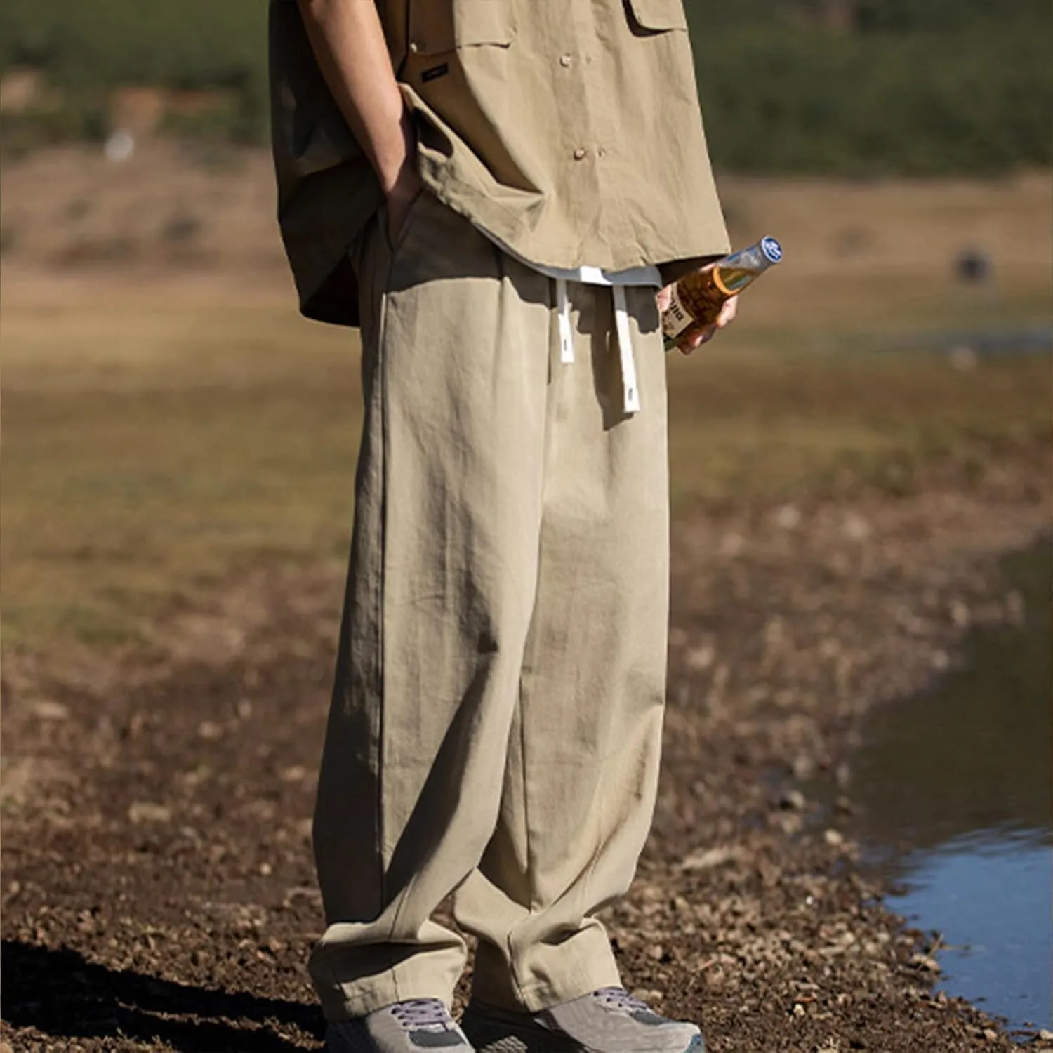 Men's Casual Cotton Pants Relaxed Fit Elastic Waist Drawstring Chino Pants Loose Fit Wide Leg Straight Trousers with Pockets