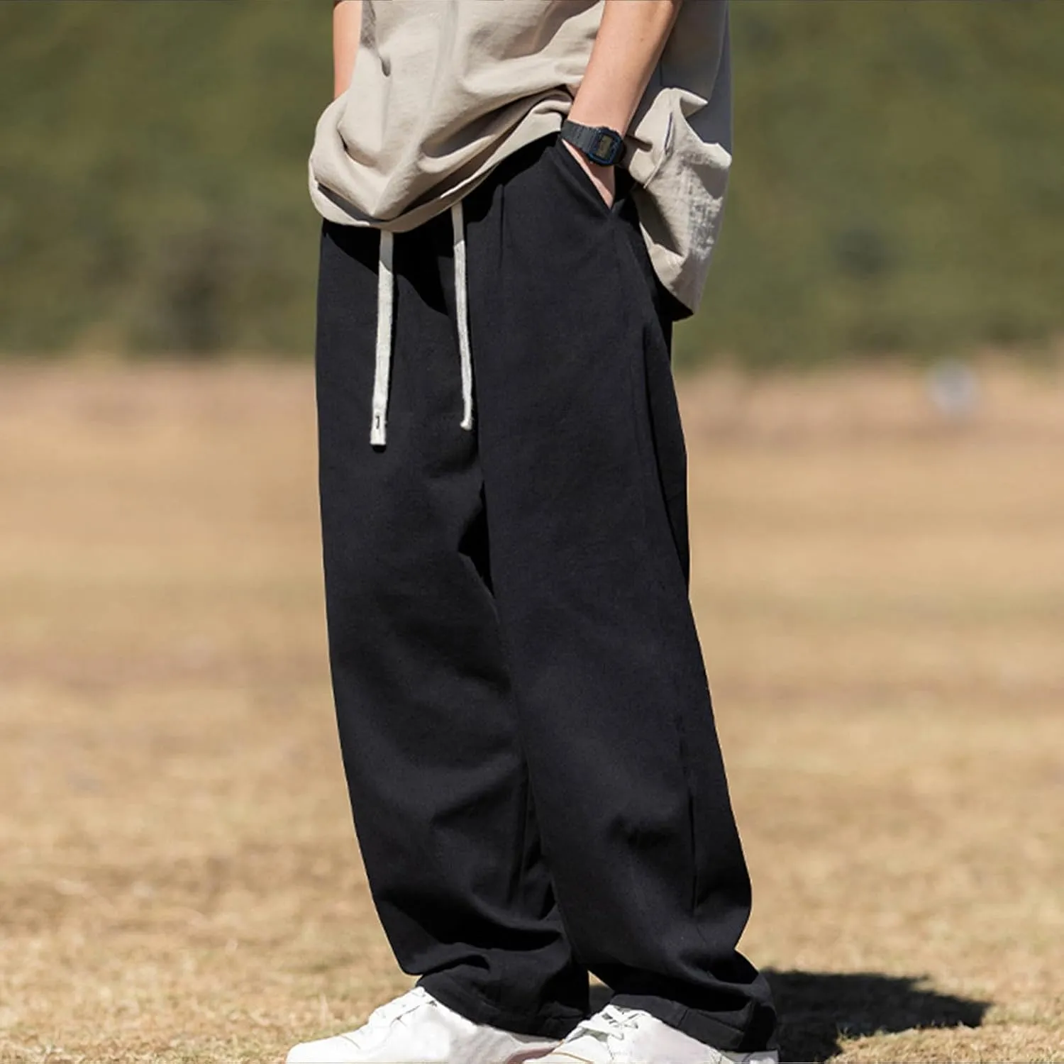 Men's Casual Cotton Pants Relaxed Fit Elastic Waist Drawstring Chino Pants Loose Fit Wide Leg Straight Trousers with Pockets