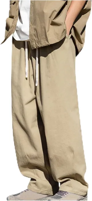 Men's Casual Cotton Pants Relaxed Fit Elastic Waist Drawstring Chino Pants Loose Fit Wide Leg Straight Trousers with Pockets