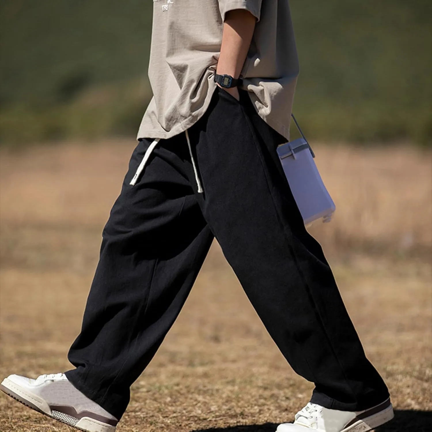 Men's Casual Cotton Pants Relaxed Fit Elastic Waist Drawstring Chino Pants Loose Fit Wide Leg Straight Trousers with Pockets
