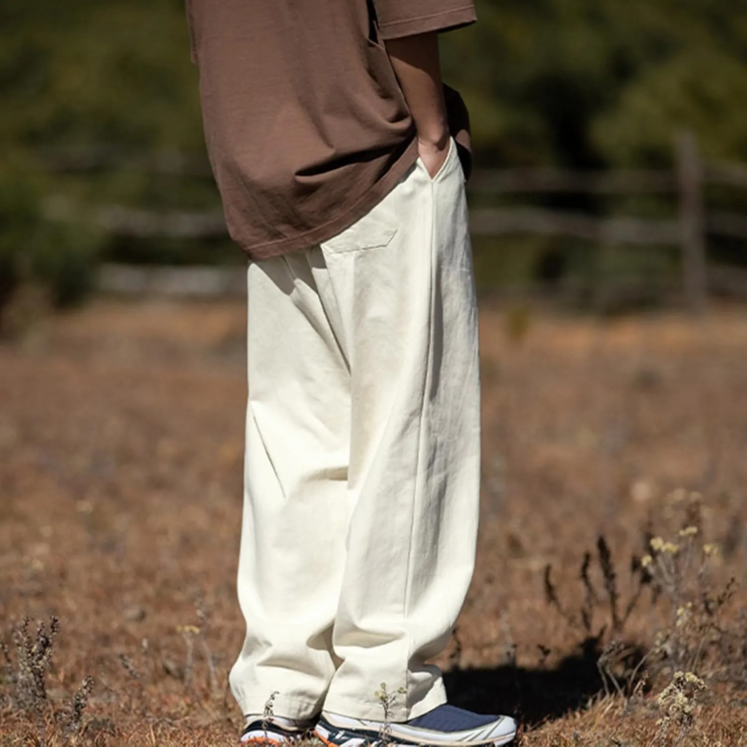 Men's Casual Cotton Pants Relaxed Fit Elastic Waist Drawstring Chino Pants Loose Fit Wide Leg Straight Trousers with Pockets