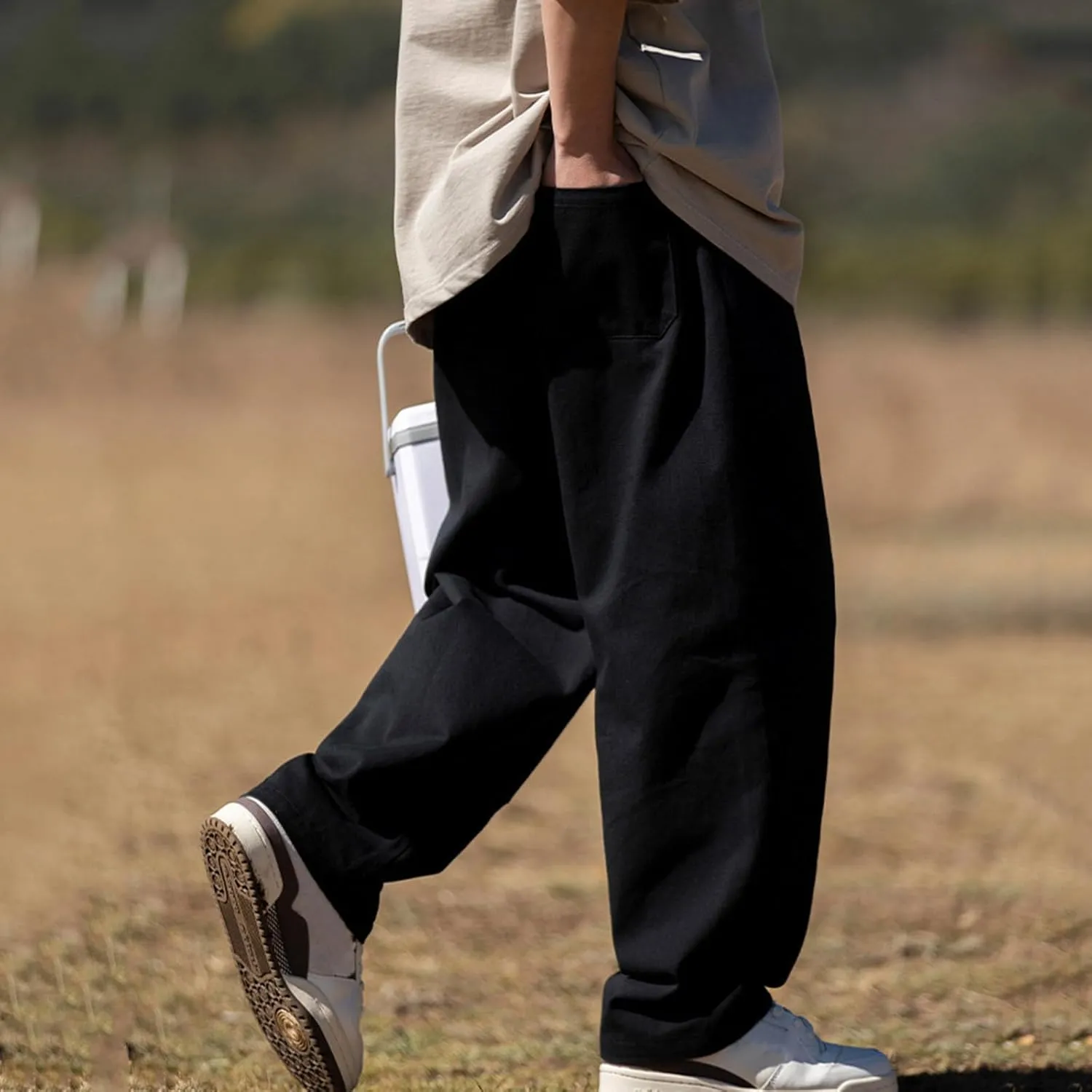 Men's Casual Cotton Pants Relaxed Fit Elastic Waist Drawstring Chino Pants Loose Fit Wide Leg Straight Trousers with Pockets