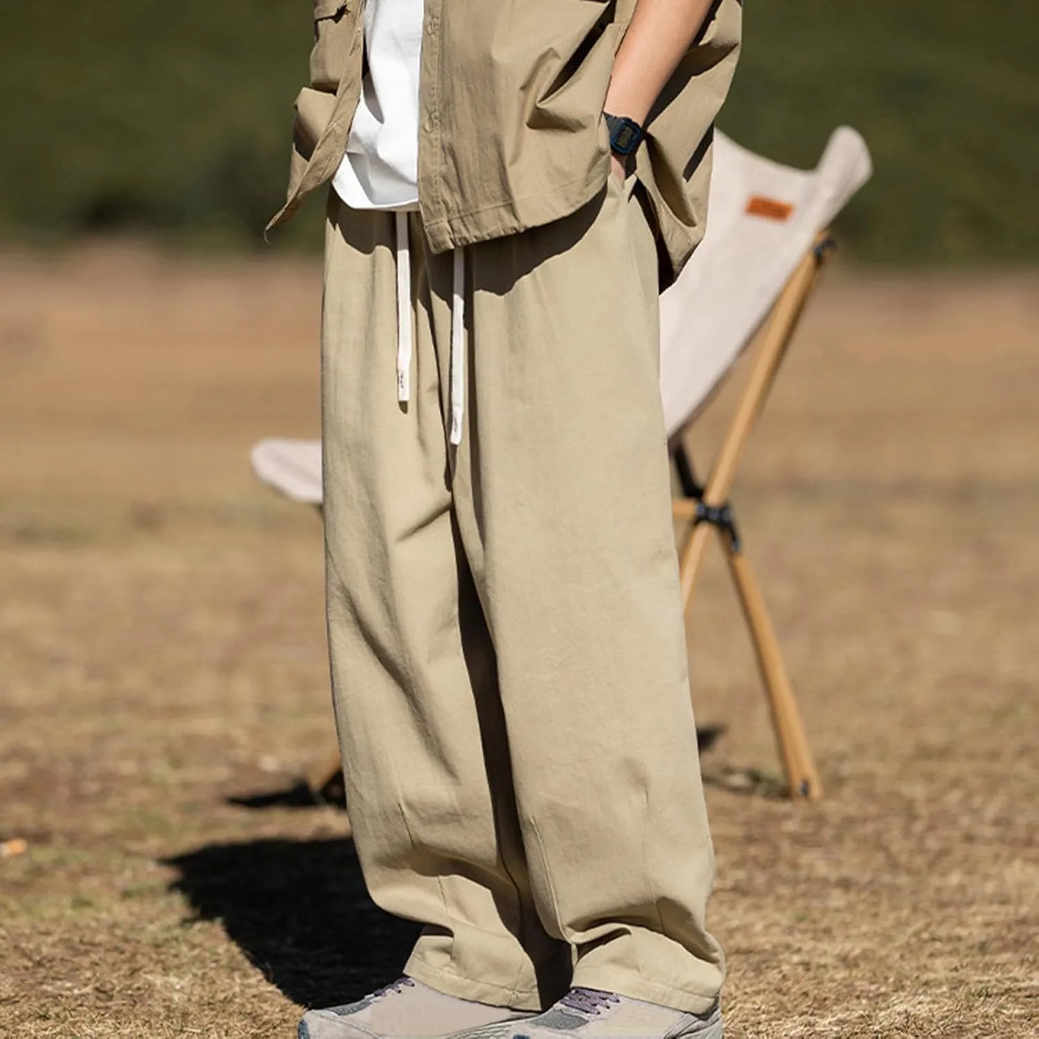 Men's Casual Cotton Pants Relaxed Fit Elastic Waist Drawstring Chino Pants Loose Fit Wide Leg Straight Trousers with Pockets