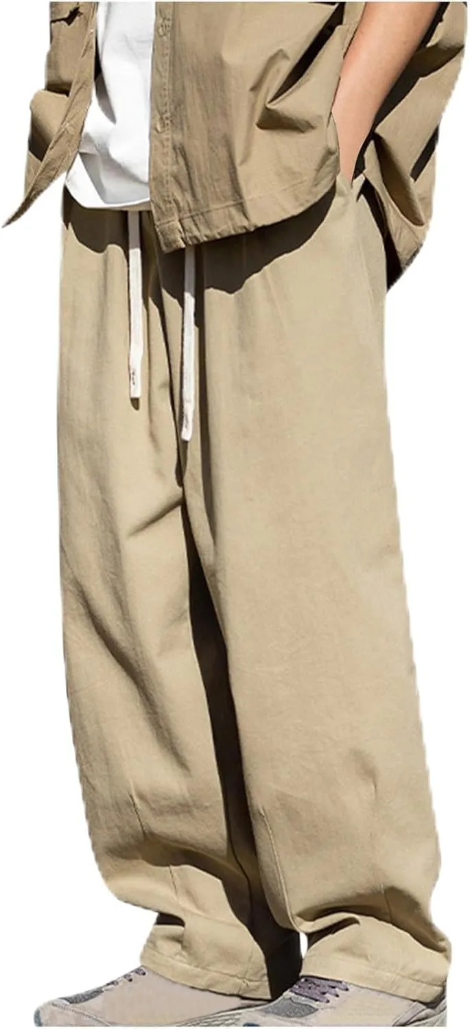 Men's Casual Cotton Pants Relaxed Fit Elastic Waist Drawstring Chino Pants Loose Fit Wide Leg Straight Trousers with Pockets