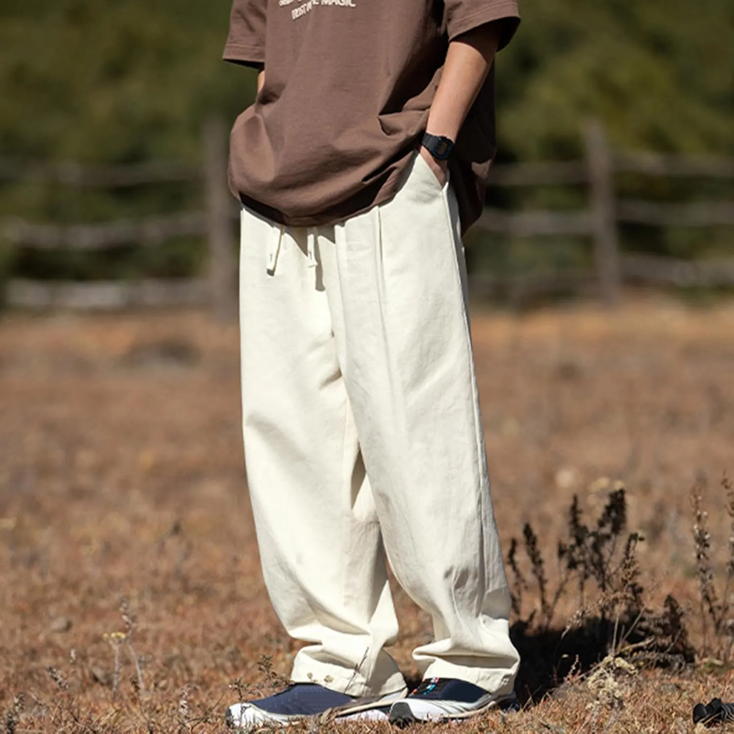 Men's Casual Cotton Pants Relaxed Fit Elastic Waist Drawstring Chino Pants Loose Fit Wide Leg Straight Trousers with Pockets