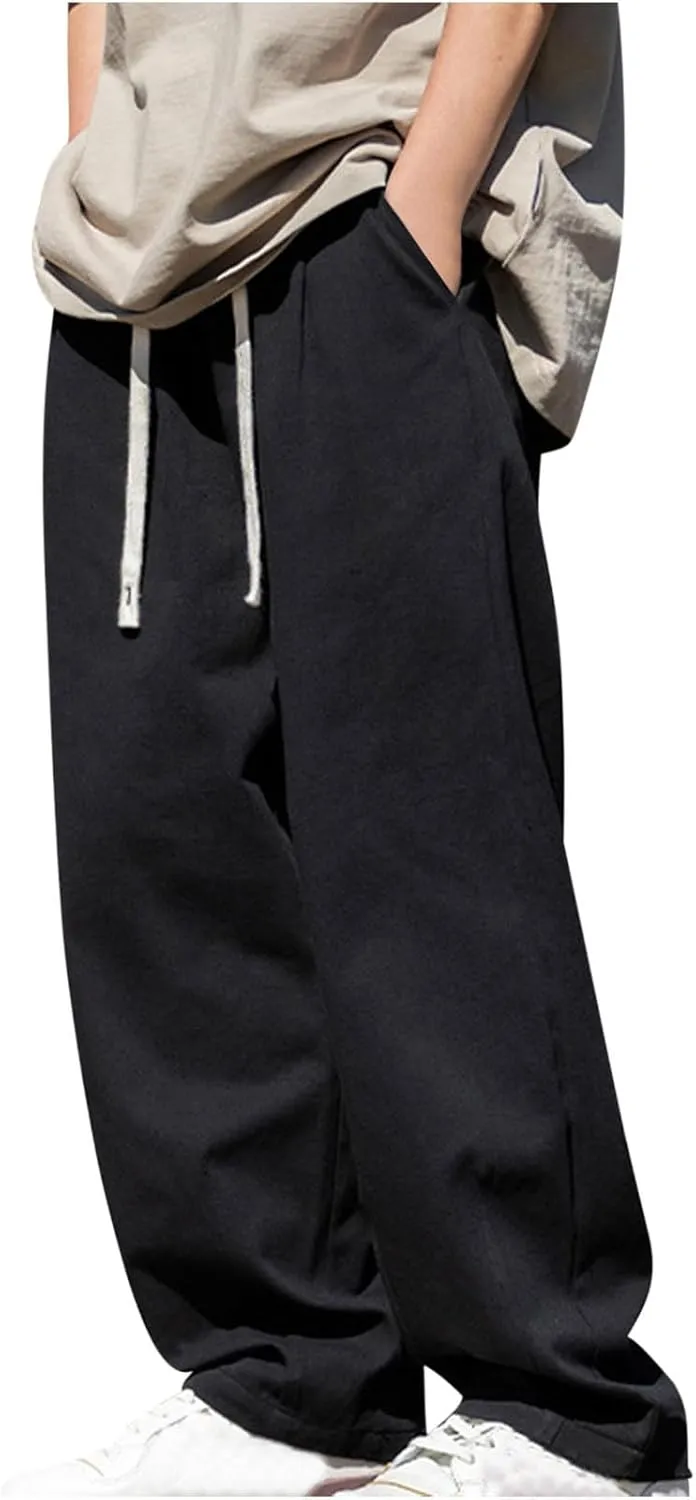 Men's Casual Cotton Pants Relaxed Fit Elastic Waist Drawstring Chino Pants Loose Fit Wide Leg Straight Trousers with Pockets