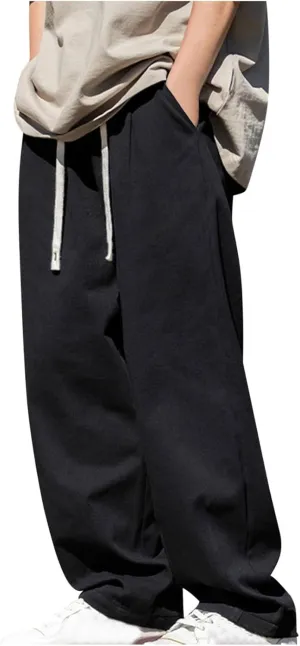 Men's Casual Cotton Pants Relaxed Fit Elastic Waist Drawstring Chino Pants Loose Fit Wide Leg Straight Trousers with Pockets