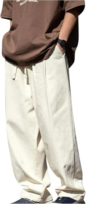 Men's Casual Cotton Pants Relaxed Fit Elastic Waist Drawstring Chino Pants Loose Fit Wide Leg Straight Trousers with Pockets