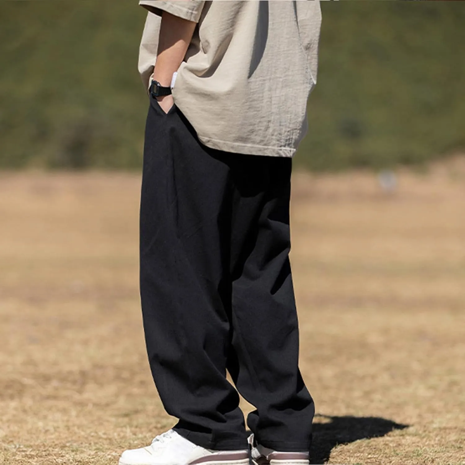 Men's Casual Cotton Pants Relaxed Fit Elastic Waist Drawstring Chino Pants Loose Fit Wide Leg Straight Trousers with Pockets