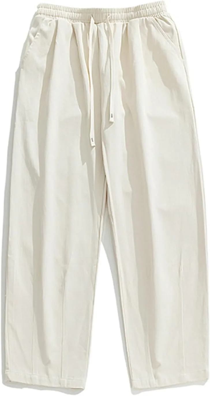 Men's Casual Cotton Pants Relaxed Fit Elastic Waist Drawstring Chino Pants Loose Fit Wide Leg Straight Trousers with Pockets