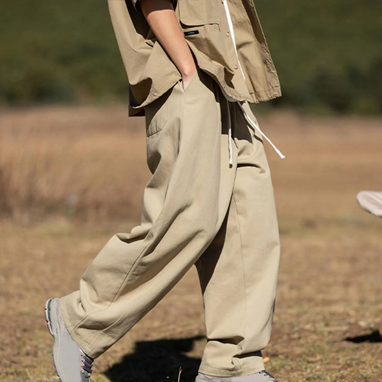 Men's Casual Cotton Pants Relaxed Fit Elastic Waist Drawstring Chino Pants Loose Fit Wide Leg Straight Trousers with Pockets