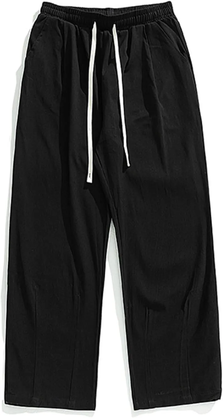 Men's Casual Cotton Pants Relaxed Fit Elastic Waist Drawstring Chino Pants Loose Fit Wide Leg Straight Trousers with Pockets