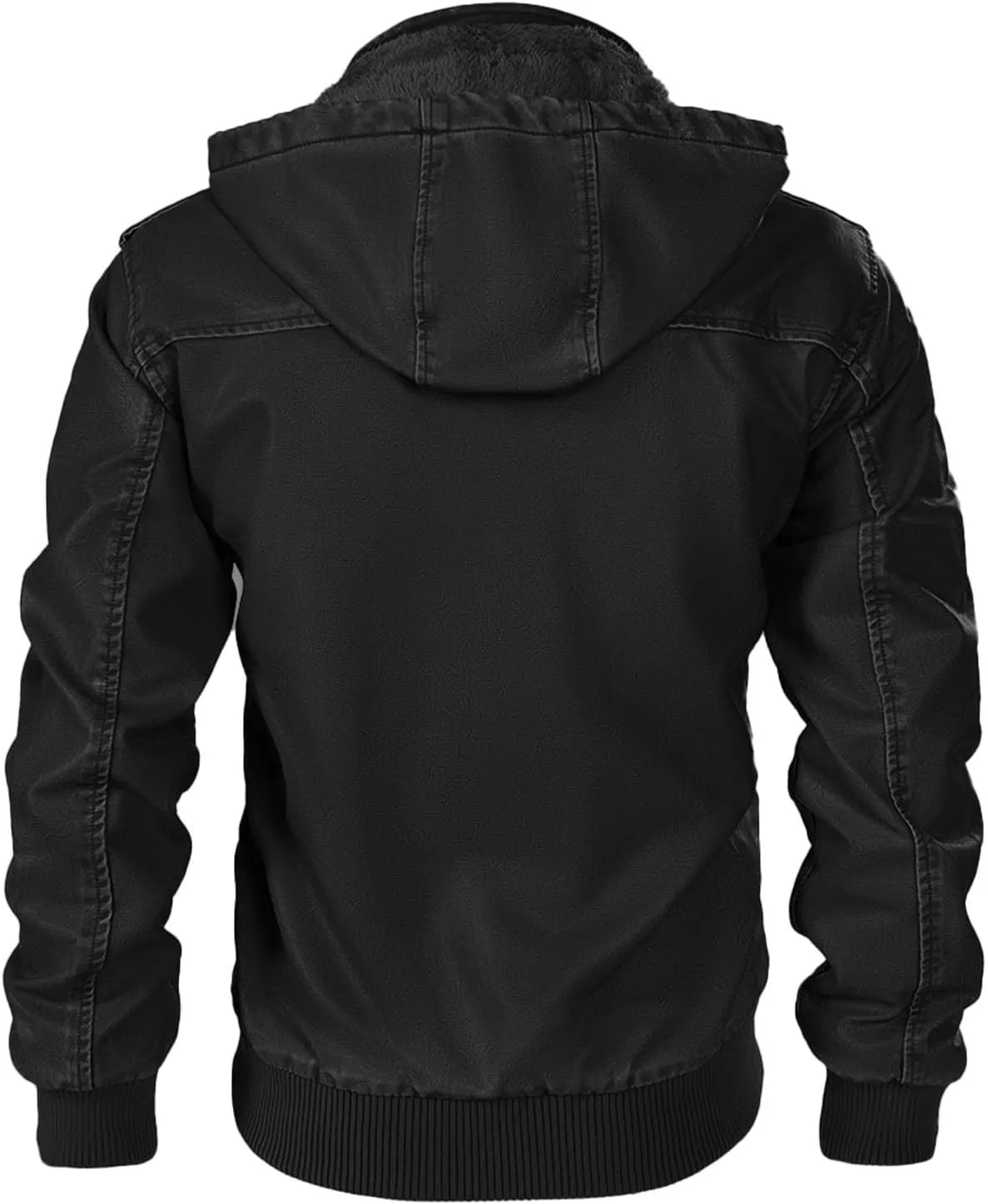 Men's Casual Faux Leather Motorcycle Bomber Jacket with Hood,Stand Collar and Zip-Up Design Vintage Biker Racing Coat