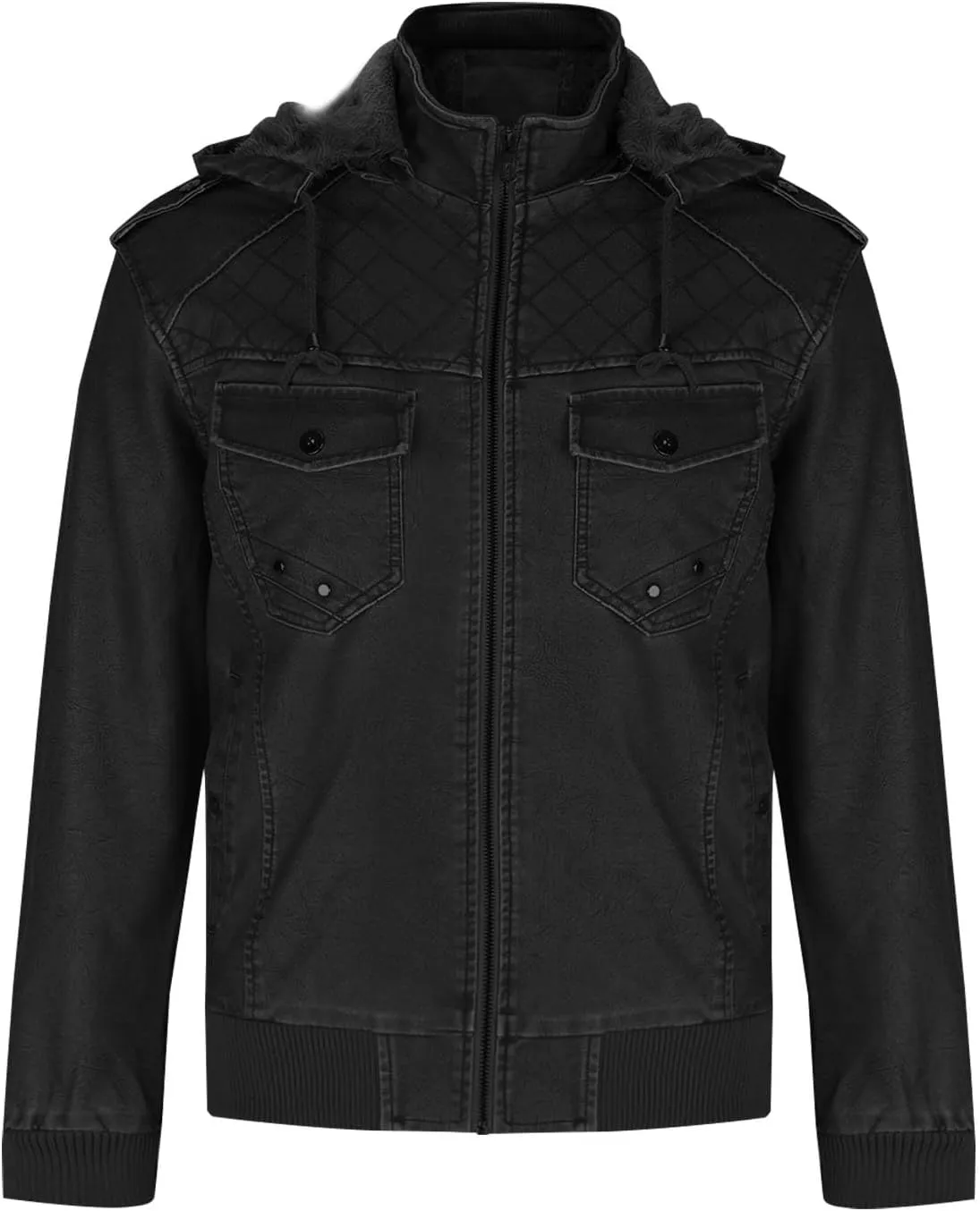 Men's Casual Faux Leather Motorcycle Bomber Jacket with Hood,Stand Collar and Zip-Up Design Vintage Biker Racing Coat