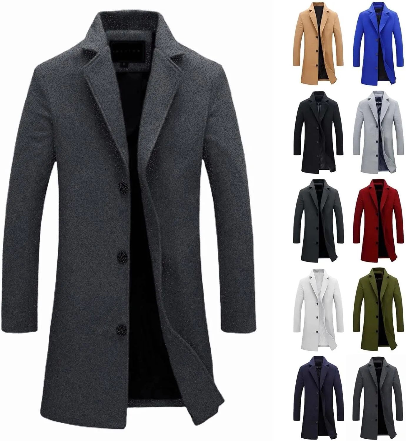 Men's Casual Trench Coat Slim Fit Spread Collar Long Sleeve Jacket Thicken Overcoat Plus Size Vintage Breasted Pea Coat