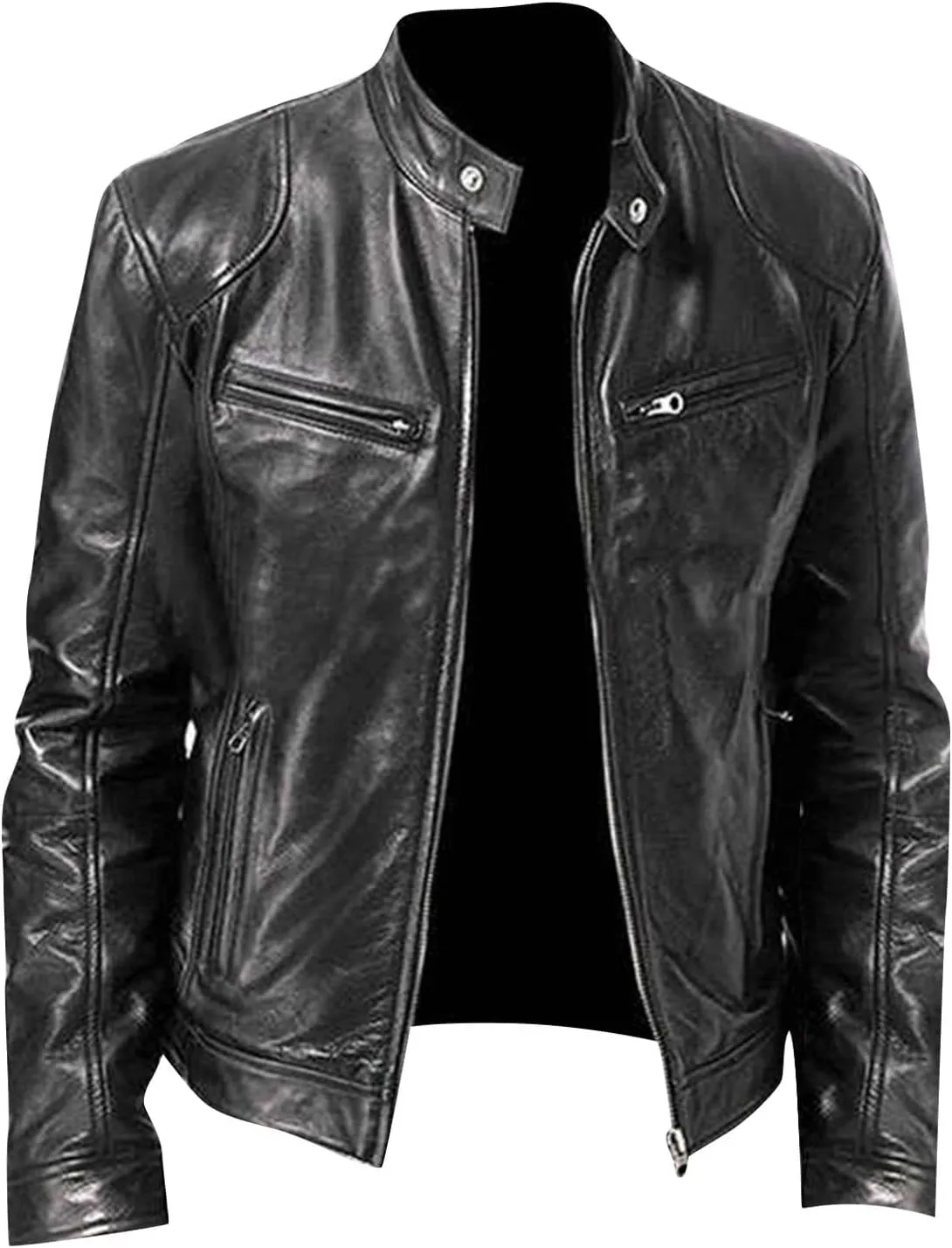 Men's Classic Black Moto Leather Jacket with Zipper Front Solid Color Long Sleeved Casual Leather Motorcycle Jackets