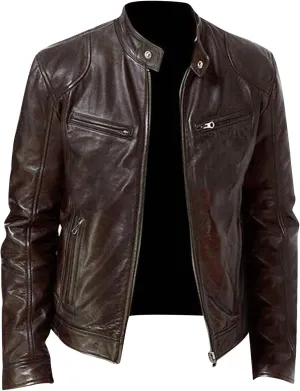 Men's Classic Black Moto Leather Jacket with Zipper Front Solid Color Long Sleeved Casual Leather Motorcycle Jackets