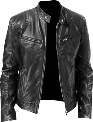Men's Classic Black Moto Leather Jacket with Zipper Front Solid Color Long Sleeved Casual Leather Motorcycle Jackets