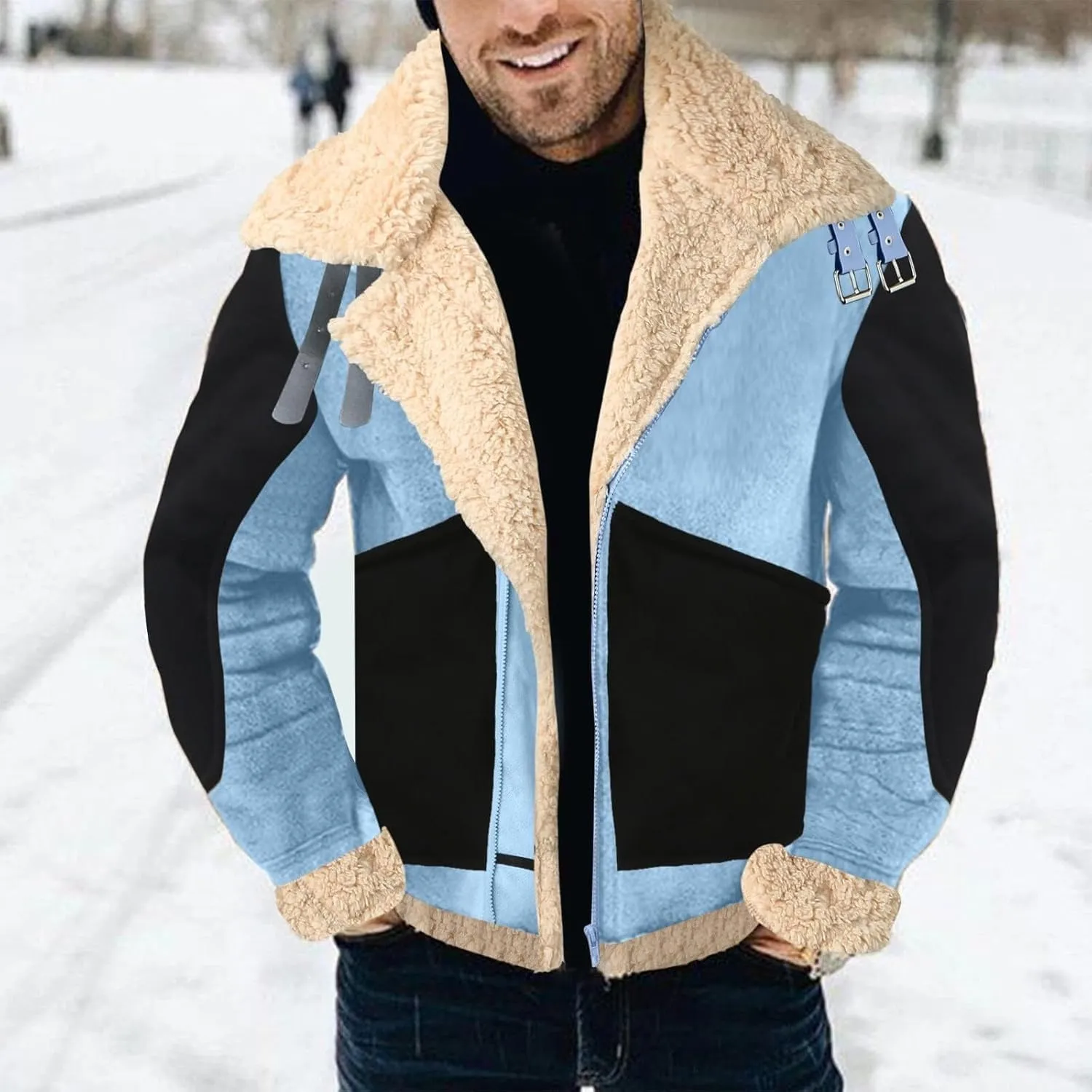 Mens Color Block Sherpa Lined Leather Jacket Suede Sherpa Shearling Faux Fur Leather Coat Winter Coats