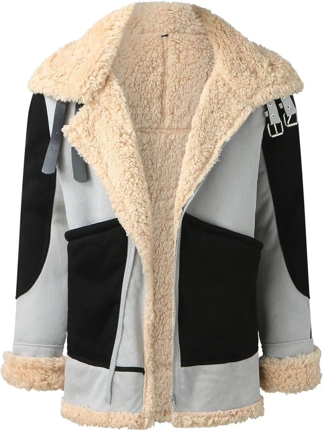 Mens Color Block Sherpa Lined Leather Jacket Suede Sherpa Shearling Faux Fur Leather Coat Winter Coats