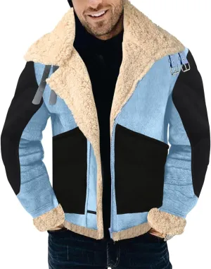 Mens Color Block Sherpa Lined Leather Jacket Suede Sherpa Shearling Faux Fur Leather Coat Winter Coats