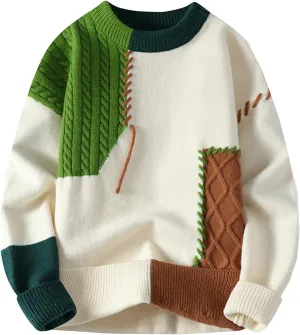 Mens Color Block Sweater Cable Knit Pullover Sweater Textured Sweater Casual Long Sleeve Sweaters Plus Size Pullover