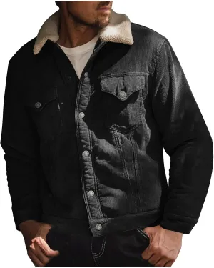 Men's Corduroy Sherpa Lined Trucker Jacket Thickened Warm Winter Bomber Coats Fleece Lined Vintage Lapel Jackets