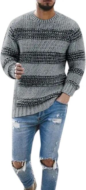 Mens Crewneck Pullover Sweater Waffle Textured Striped Print Long Sleeve Knitted Sweaters Fall Winter Sweaters